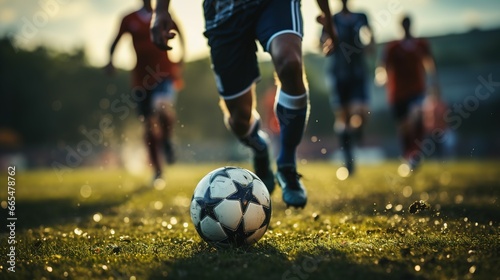 close-up photo of a professional soccer player playing football on a green grass pitch at a big stadium. dribbling the ball against opponents. soccer match on a field © Jiraphiphat