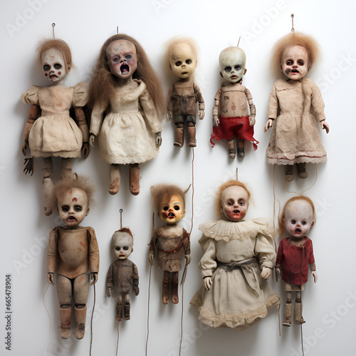 scary Halloween  dolls hanging  on a white background