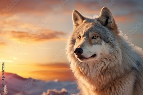 Wolf Standing in Snow at Sunset