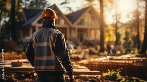 construction engineer standing with his back and watches at a house building construction. wearing a helmet and orange safety vest. working as a architect. blurry background