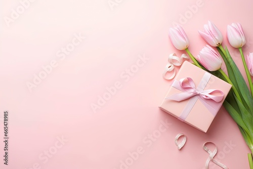 Pink gift box with ribbon bow and bouquet of tulips on isolated pastel pink background. © MdBepul