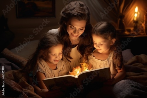Woman Reading Book to Young Girls