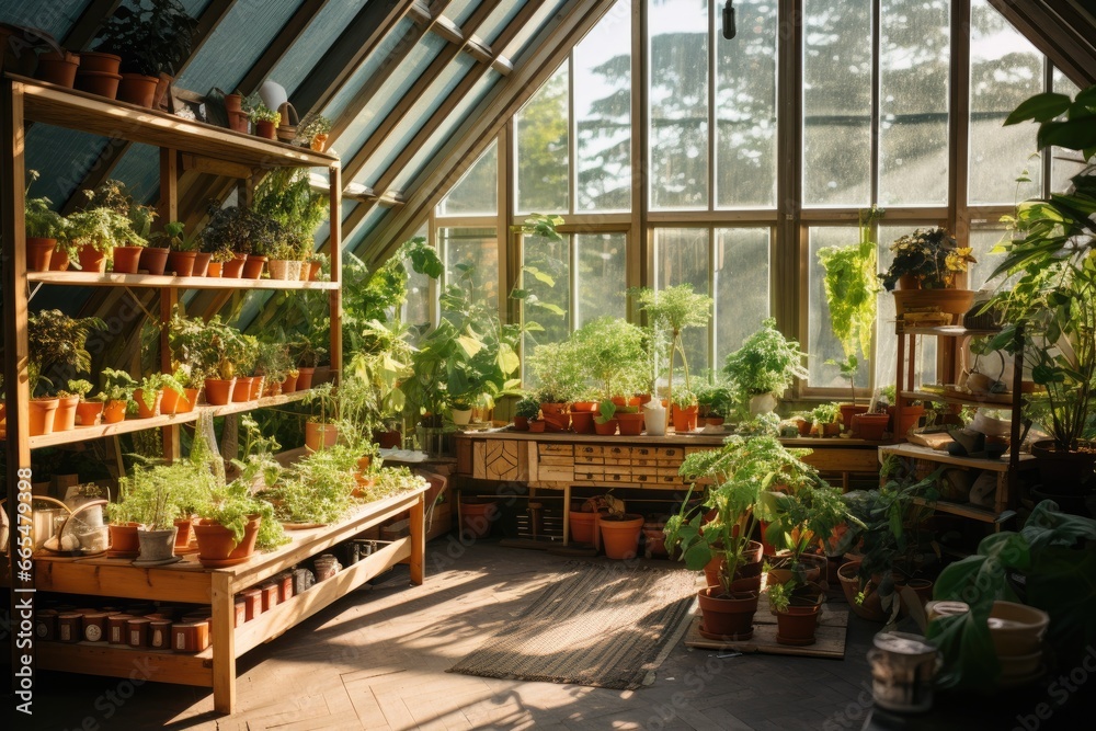 Beautiful interior of a greenhouse with plants in pots on the windowsill, greenhouse with plants. indoor gardening, AI Generated