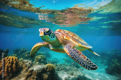 Hawaiian green sea turtle swimming on coral reef at Maldives, Green sea turtle swimming in turquoise sea water, underwater photo, AI Generated