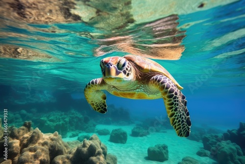 Hawaiian Green Sea Turtle swimming in the deep blue ocean  Green sea turtle swimming in turquoise sea water  underwater photo  AI Generated