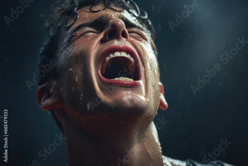 Man with Open Mouth in the Rain
