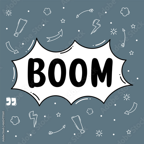 Boom comic speech bubble with doodle elements. Vector illustration