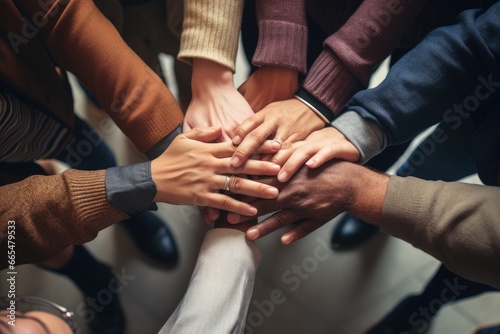 Group of diverse people joining hands together. Teamwork concept. Top view  Group of diverse hands holding each other support together teamwork aerial view  AI Generated