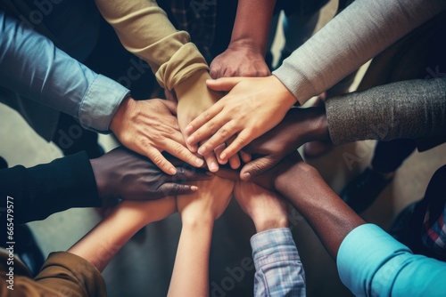 Group of diverse people putting their hands together on top of each other, Group of Diverse Hands Together Joining Concept, captured top view, AI Generated photo