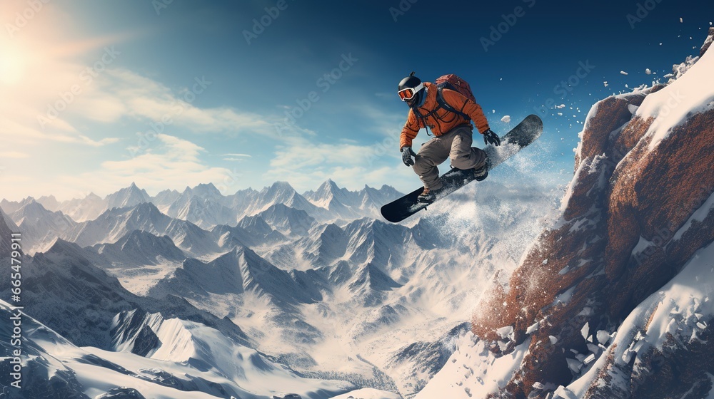 Thrilling Snowboarder Jumping Adventure in the Sunny Mountain Slopes Thrilling Snowboarder Jumping Adventure in the Sunny Mountain Slopes