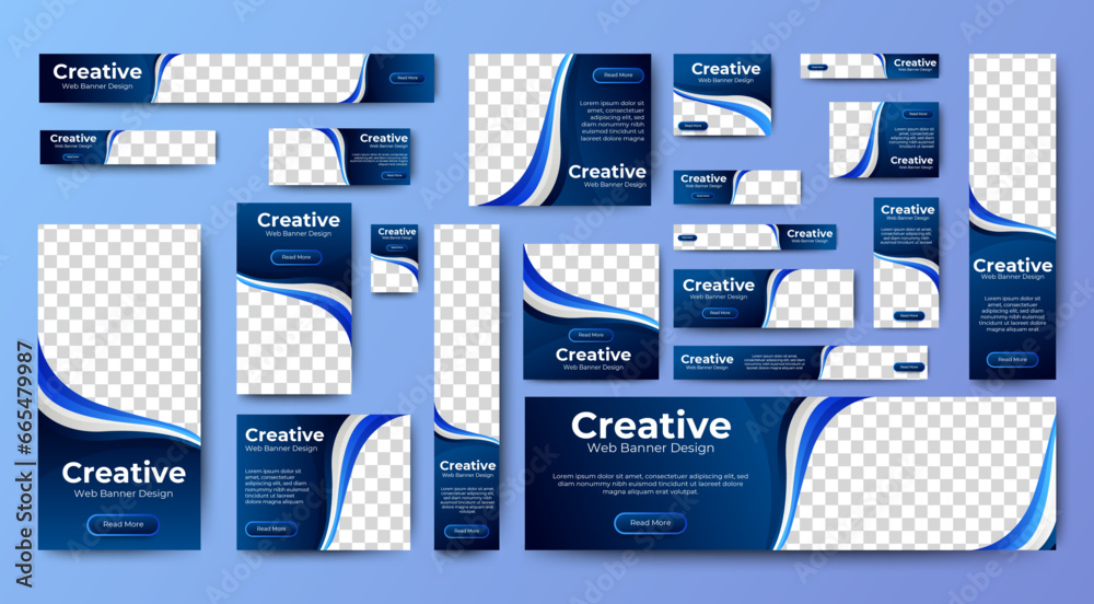 set of blue background for web ad banner template with text and image spaces. vector - obrazy, fototapety, plakaty 
