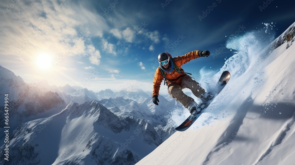 Thrilling Snowboarder Jumping Adventure in the Sunny Mountain Slopes