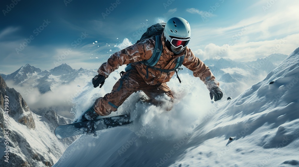 Thrilling Snowboarder Jumping Adventure in the Sunny Mountain Slopes