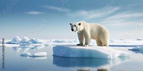 Polar bear on ice floe. Melting iceberg and global warming.