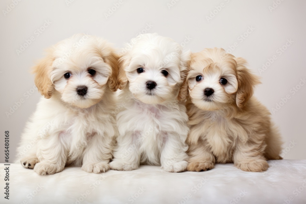 Three puppies of the Shih Tzu breed on a white background, Group portrait of adorable puppies, AI Generated Three puppies of the Shih Tzu breed on a white background, Group portrait of adorable puppies, AI Generated