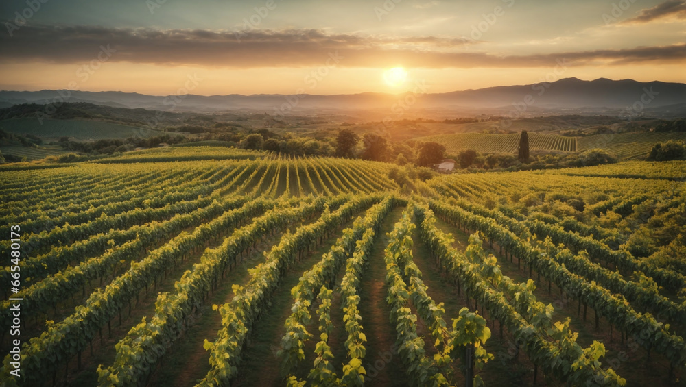Breathtaking aerial view of a lush vineyard during a picturesque sunset with endless rows of vines.