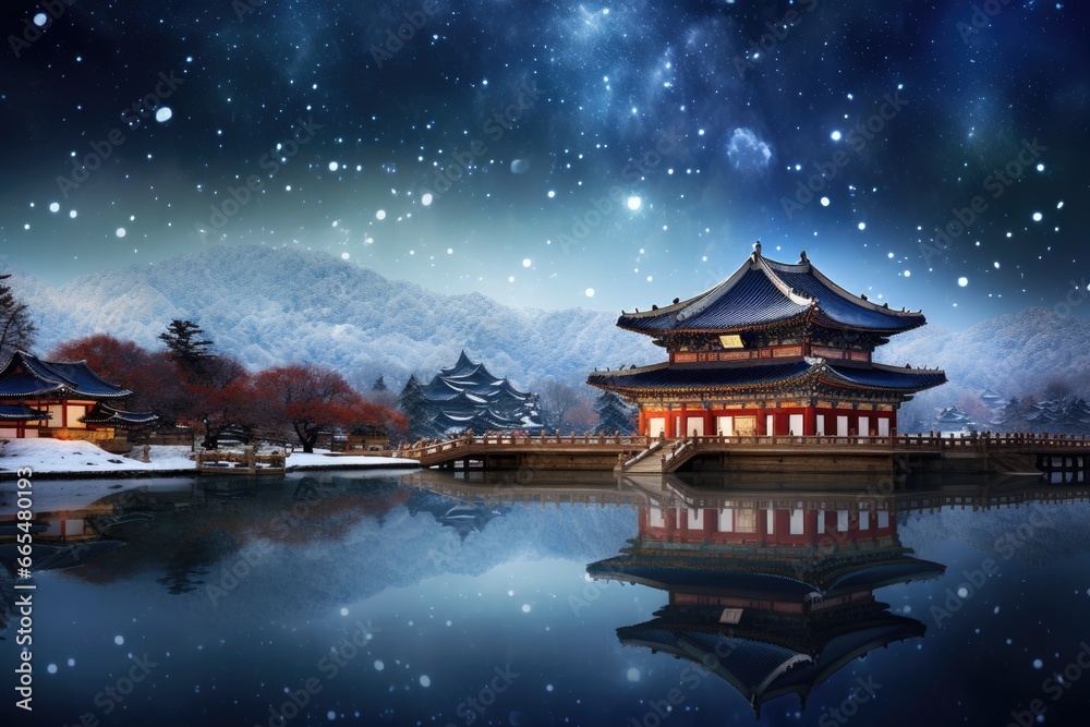Obraz premium Gyeongbokgung Palace at night, South Korea, San Andres & Providencia Islands Caribbean Colombia, AI Generated