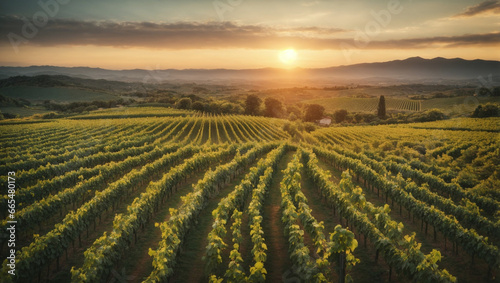 Breathtaking aerial view of a lush vineyard during a picturesque sunset with endless rows of vines. © xKas