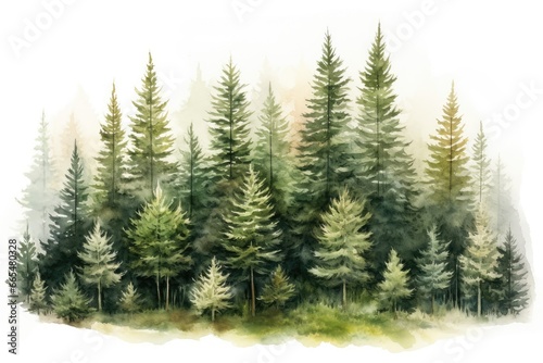 Watercolor illustration of a coniferous forest on a white background, Hand drawn watercolor coniferous forest illustration of spruce, AI Generated photo