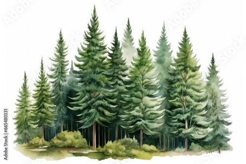 Pine forest on white background. Watercolor hand drawn illustration  Hand drawn watercolor coniferous forest illustration of spruce  AI Generated