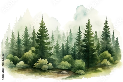 Watercolor landscape with coniferous forest in the mist. Vector illustration  Hand drawn watercolor coniferous forest illustration of spruce  AI Generated