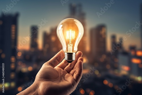 Close up of businessman hand holding light bulb on city background. Idea concept, Hand holding glowing light bulb on abstract city background. Idea and innovation concept, AI Generated