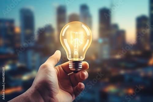 Hand holding light bulb on city background, Business idea and innovation concept, Hand holding glowing light bulb on abstract city background. Idea and innovation concept, AI Generated