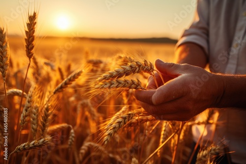 Farmer with wheat ears on the field at sunset. Harvesting concept, hand of worker man taking wheat spikes at sunset close up, AI Generated © Iftikhar alam
