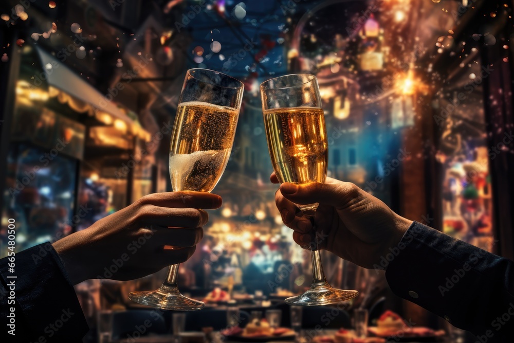 Close up of two hands toasting with champagne glasses over Christmas lights background, Hands of couple with flutes of champagne and their friends with bengal lights, AI Generated