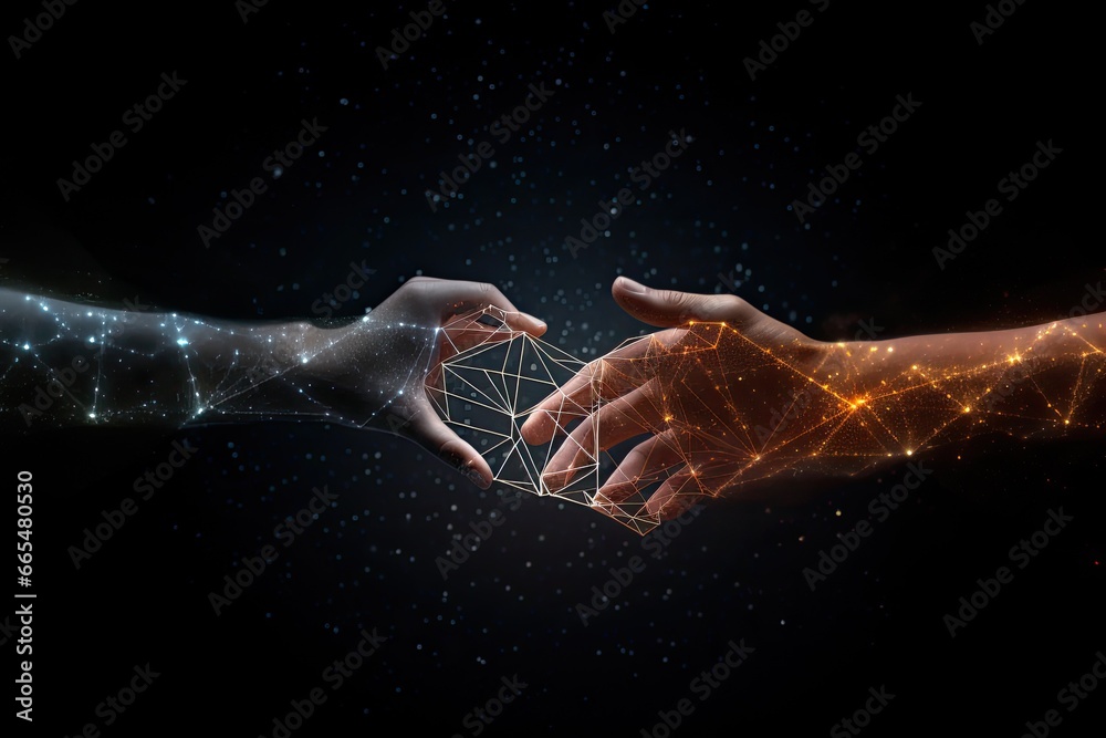 Conceptual image with connection lines on dark background and man and woman hands, Hand united together to form lines, triangles, and particle style design, AI Generated