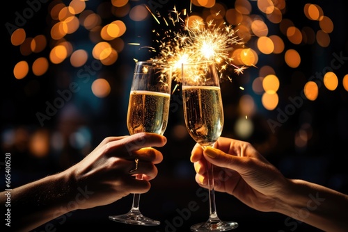 two hands holding glasses with champagne and sparklers on bokeh background, Hands of couple with flutes of champagne and their friends with bengal lights, AI Generated