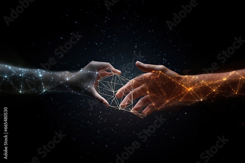 Conceptual image with connection lines on dark background and man and woman hands  Hand united together to form lines  triangles  and particle style design  AI Generated