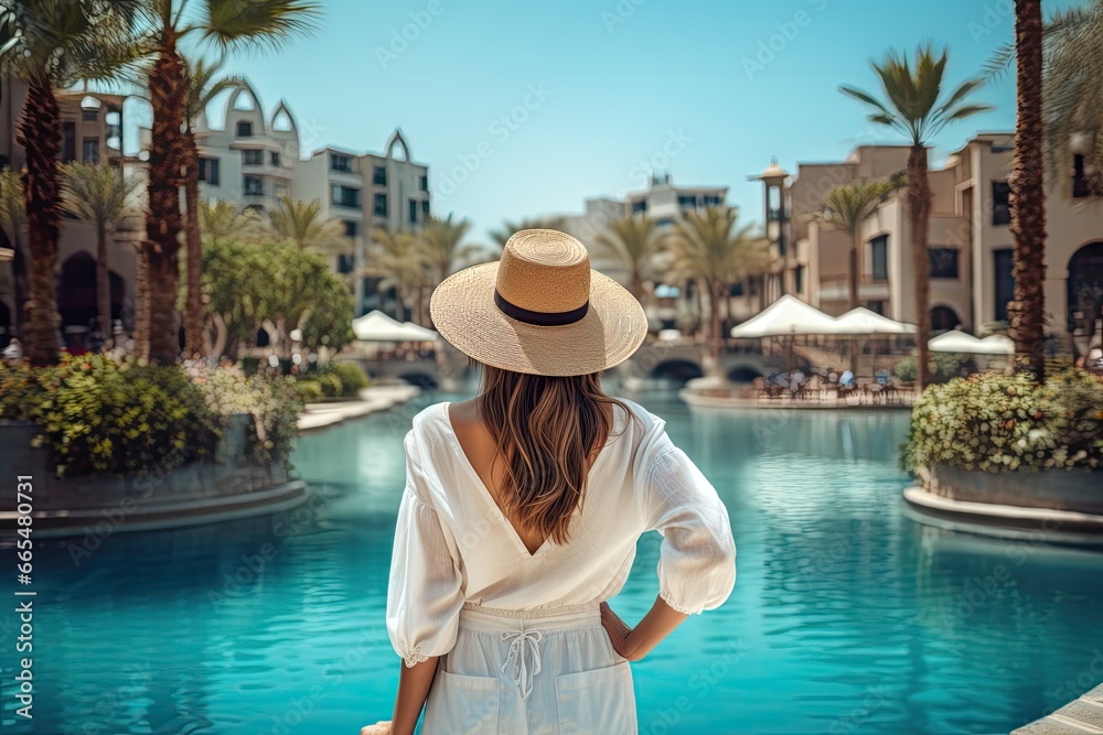 Back view of young woman in white dress and straw hat standing by swimming pool at luxury resort, Happy tourist girl rear view walking near fountains in Dubai city. Vacation, AI Generated