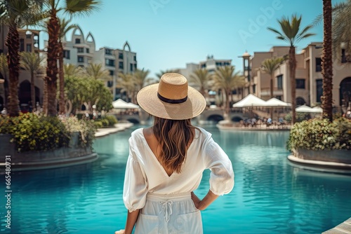 Back view of young woman in white dress and straw hat standing by swimming pool at luxury resort, Happy tourist girl rear view walking near fountains in Dubai city. Vacation, AI Generated © Iftikhar alam