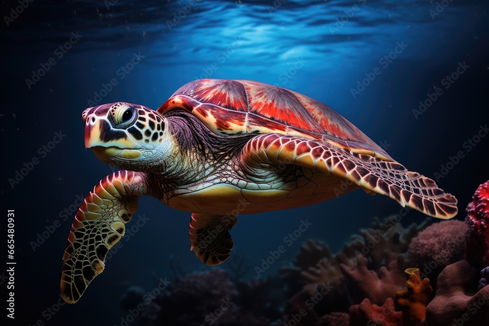 Fototapeta premium Hawaiian Green Sea Turtle Chelonia mydas, Hawksbill Turtle in a deep sea, AI Generated