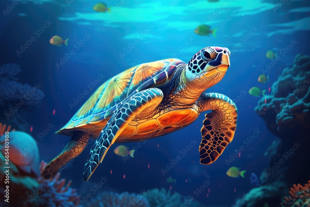 Obraz premium Green sea turtle swimming in coral reef. Underwater world. 3d rendering, Hawksbill Turtle in a deep sea, AI Generated