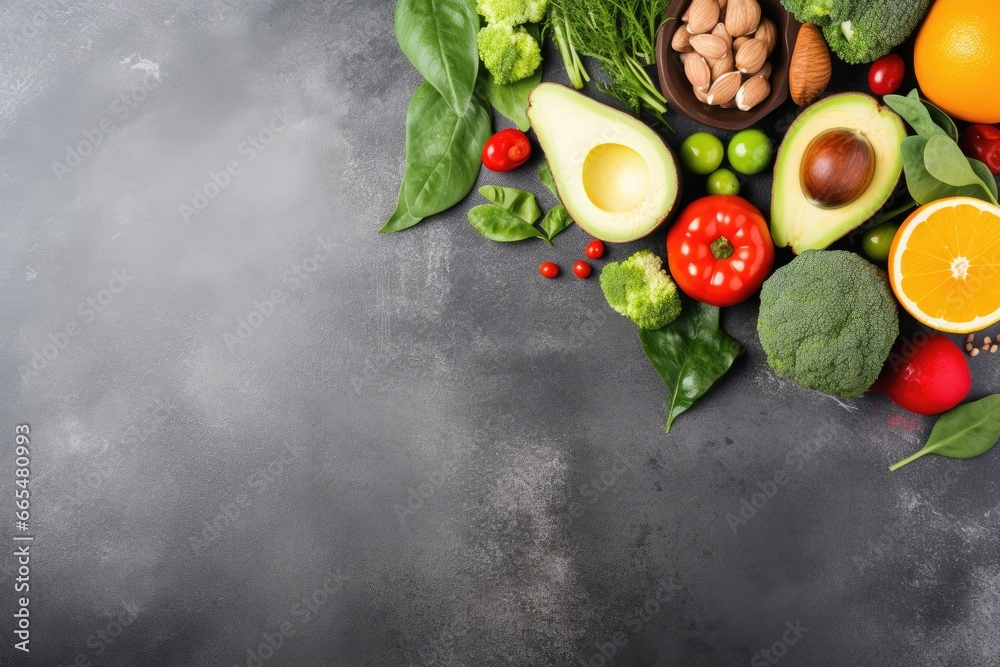 Healthy food clean eating selection. Fresh vegetables, fruits and nuts on stone background. Top view with copy space, Healthy food clean eating selection: salmon, vegetables, beans, AI Generated