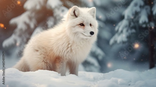 Cute snow fox in snowy landscape