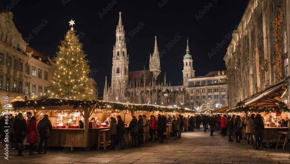 Christmas event in Munich, Germany: Christmas market in central Marien Platz. Mulled wine booth and tables with candles ready for the visitors