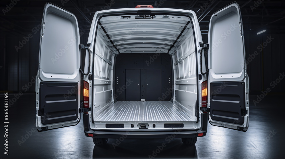 Huge, clean and empty white delivery commercial vehicle trunk in interior of commercial vehicle. Rear view of a red vehicle with open trunk. Generative AI Huge, clean and empty white delivery commercial vehicle trunk in interior of commercial vehicle. Rear view of a red vehicle with open trunk. Generative AI