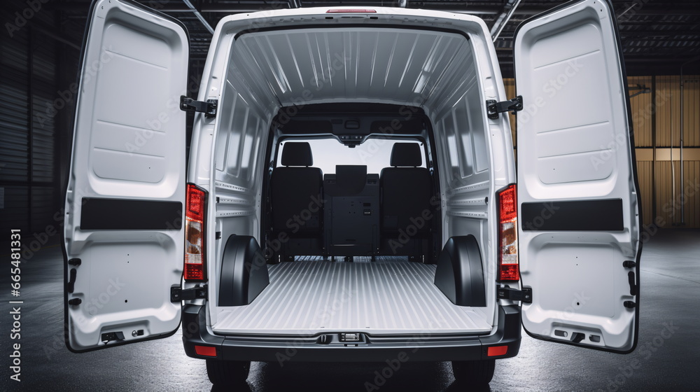 Huge, clean and empty white delivery commercial vehicle trunk in interior of commercial vehicle. Rear view of a red vehicle with open trunk. Generative AI Huge, clean and empty white delivery commercial vehicle trunk in interior of commercial vehicle. Rear view of a red vehicle with open trunk. Generative AI