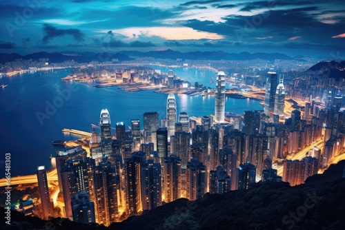 Hong Kong skyline at night from Victoria Peak, Hong Kong, China, Hong Kong city view from The Peak at twilight, AI Generated photo