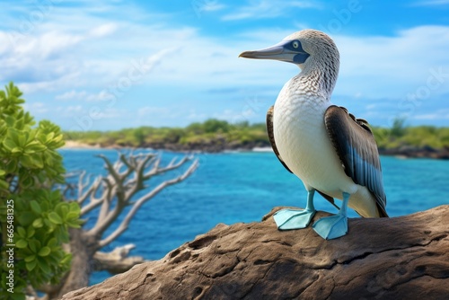 The rare blue-footed booby rests on the beach.