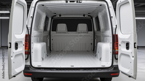 Huge, clean and empty white delivery commercial vehicle trunk in interior of commercial vehicle. Rear view of a red vehicle with open trunk. Generative AI