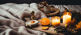 Cozy candle composition on tray on linen bad sheet. Romantic still life with soft lights. Romantic mockup, template. Morning relax,ambience. Hotels bedroom. Generative ai.