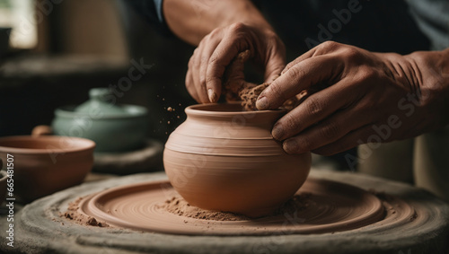 Cinematic close-up of a potter's hands shaping clay into a beautiful, handcrafted ceramic vase.