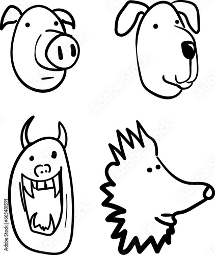 Animal heads like pig  dog  demon and hedgehog