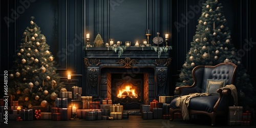 Copy space interior Christmas. Seasonal Celebrations: Magic Christmas Tree and Cozy Fireplace