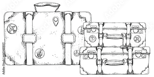 Ink hand drawn vector sketch. Illustration with set of retro vintage old suitcases luggage baggage with stickers and key. Design for tourism, travel, brochure, wedding, guide, print, card, tattoo.