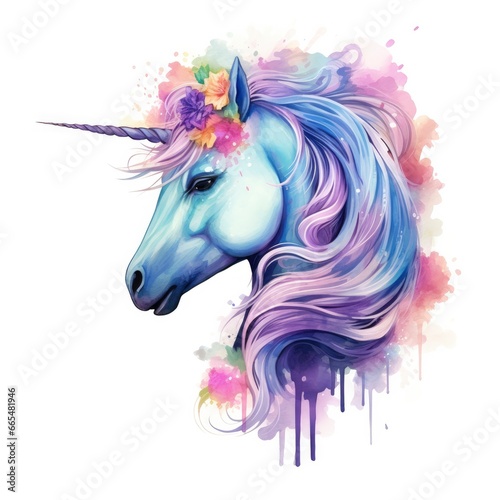 Watercolor fantasy unicorn clip art. photo